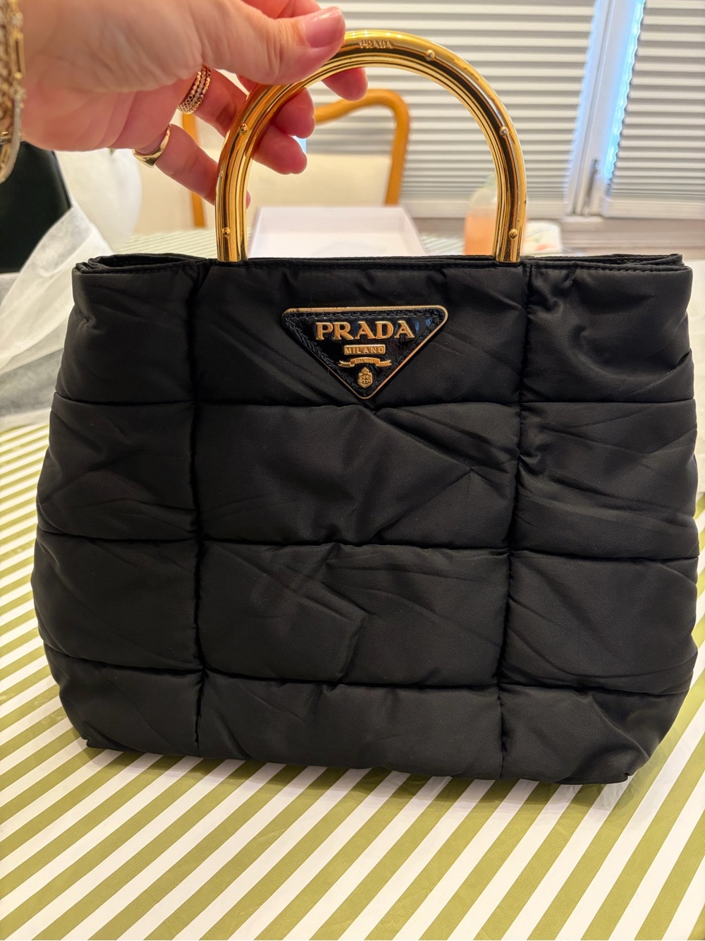 Prada Black Quilted Nylon Tote with Gold Arc Handles